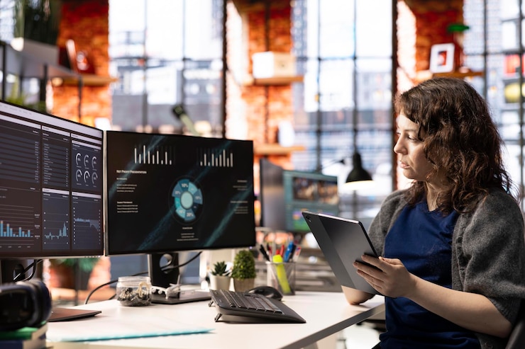 Foto grátis mulher no escritório da agência usando a interface do aplicativo financeiro na tela do pc