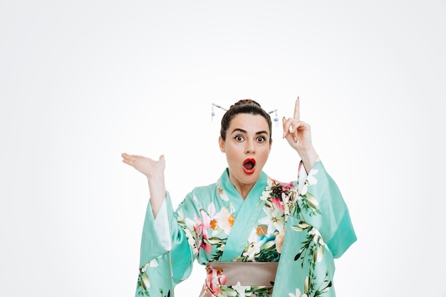 Mulher no quimono japonês tradicional espantada e surpresa apontando com o dedo indicador para cima e apresentando algo com o braço da mão no branco