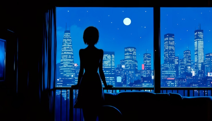 Foto grátis mulher olhando para as luzes da cidade à noite