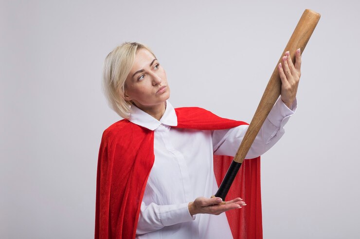 Foto grátis mulher pensativa, loira de meia-idade, super-heroína com capa vermelha, segurando e olhando para o taco de beisebol isolado na parede branca