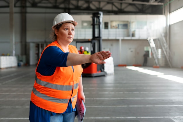 Mulher plus size de tiro médio trabalhando na construção