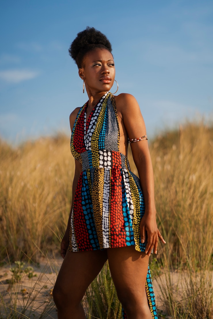 Foto grátis mulher posando em um ambiente árido enquanto usava roupas africanas nativas