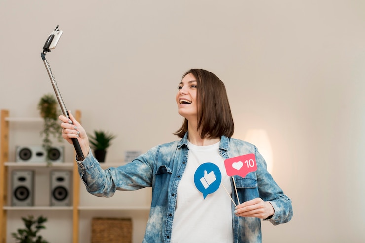 Foto grátis mulher positiva, gravação de vídeo em casa