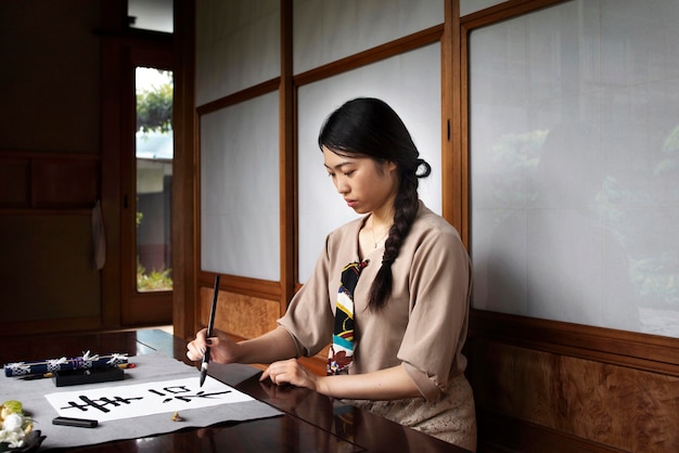 Mulher praticando caligrafia japonesa em casa