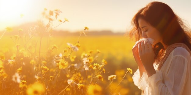 Mulher que sofre de alergia por ter sido exposta ao pólen de flores ao ar livre