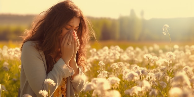 Mulher que sofre de alergia por ter sido exposta ao pólen de flores ao ar livre