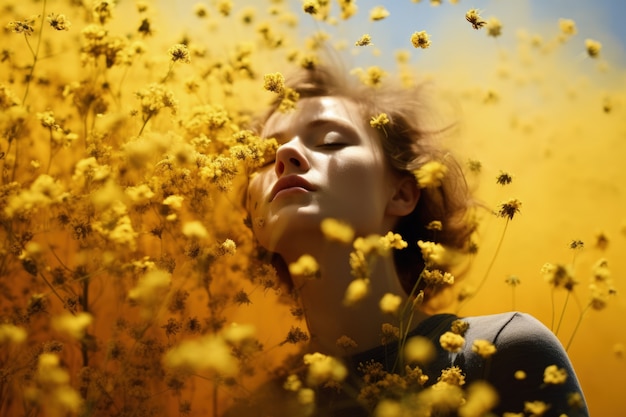Mulher que sofre de alergia por ter sido exposta ao pólen de flores ao ar livre