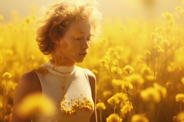 Mulher que sofre de alergia por ter sido exposta ao pólen de flores ao ar livre