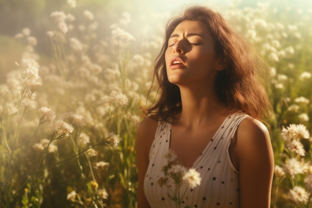 Mulher que sofre de alergia por ter sido exposta ao pólen de flores ao ar livre