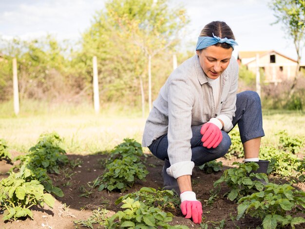 Mulher remota que jardina ao ar livre