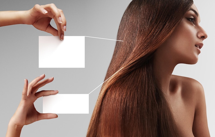 Foto grátis mulher ruiva com cabelo liso e duas mãos com cartões para cabelo