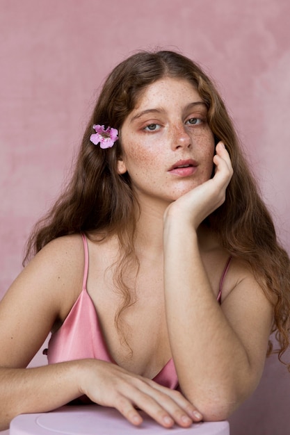 Foto grátis mulher sardenta com uma flor no cabelo