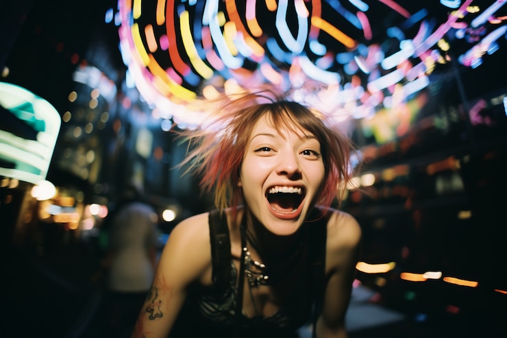 Foto grátis mulher se divertindo na cidade à noite