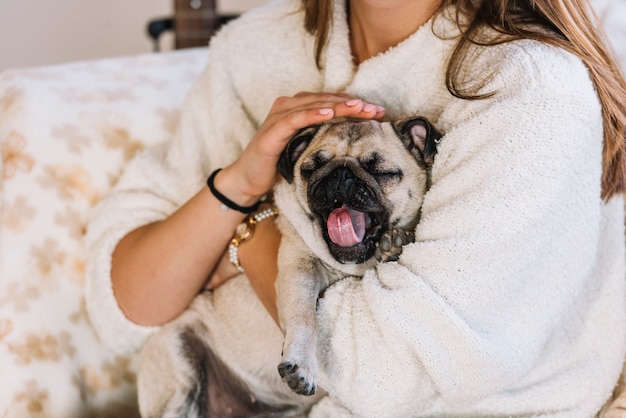 Foto grátis mulher segura, engraçado, cão pequeno