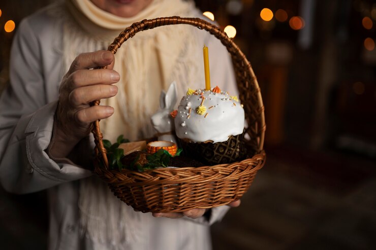 Foto grátis mulher segurando cesta na igreja com comida em comemoração à páscoa grega