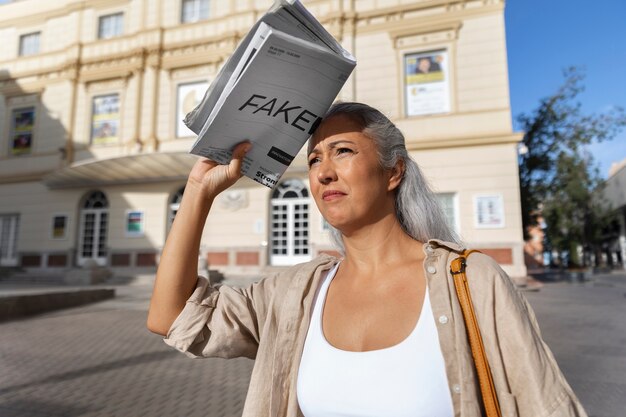 Mulher segurando jornal plano médio