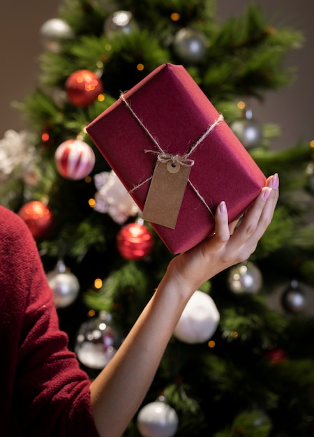 Mulher segurando o presente de Natal embrulhado por ela