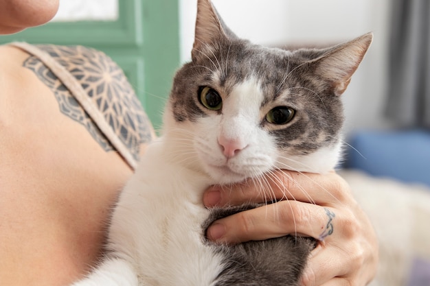 Mulher segurando seu adorável gatinho em casa