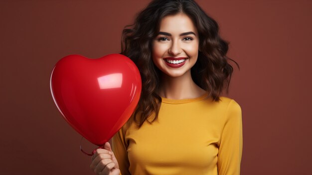 Mulher segurando um balão de coração vermelho