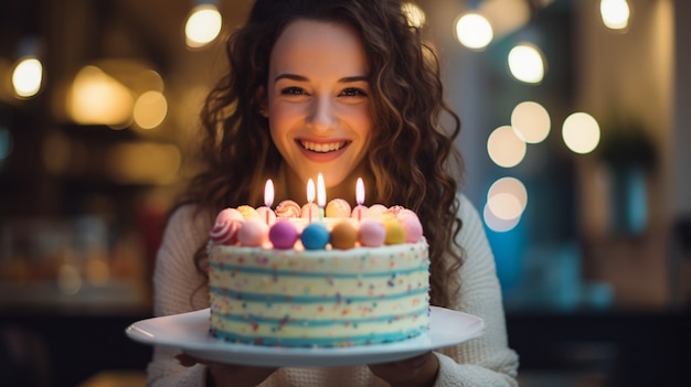 Mulher segurando um delicioso bolo de aniversário