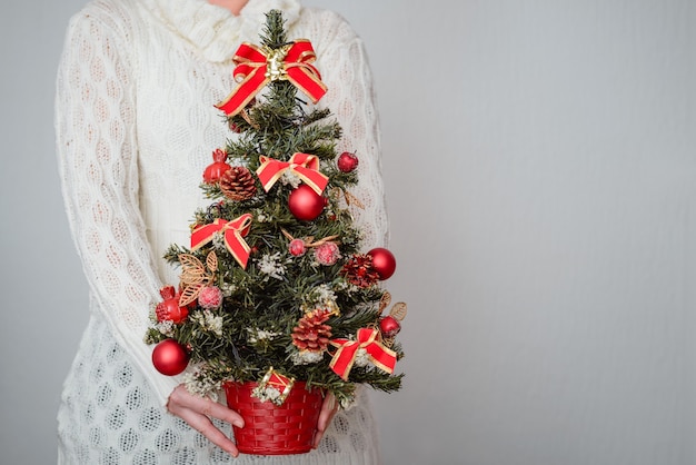 Mulher segurando uma árvore de Natal decorada com enfeites vermelhos