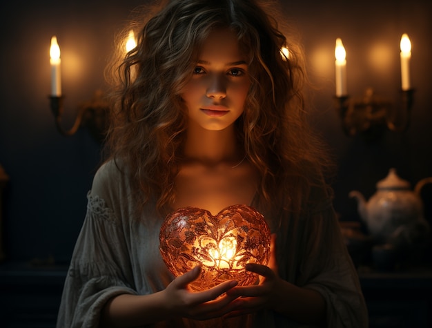 Mulher segurando uma forma de coração 3D iluminada