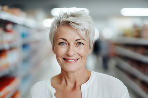 Mulher sênior expressão feliz em um supermercado ai gerado