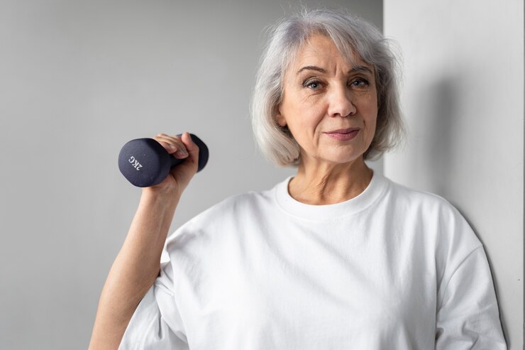 Foto grátis mulher sênior fazendo exercícios com halteres na academia