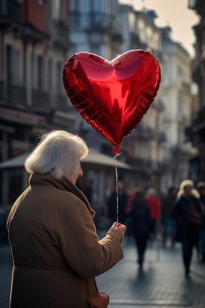 Mulher sênior segurando um balão de coração vermelho