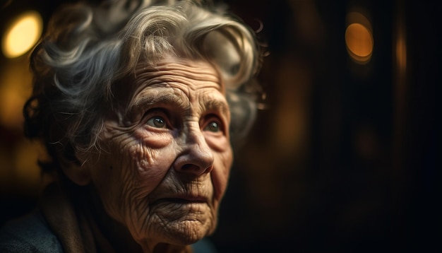 Mulher sênior serena sorrindo sabedoria nos olhos gerados por IA