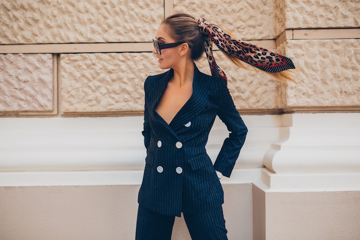 Foto grátis mulher sexy elegante vestida com um terno de smoking elegante andando pela cidade no dia de primavera de verão