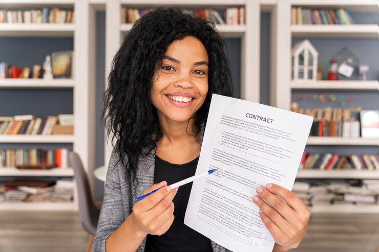 Foto grátis mulher sorridente de tiro médio segurando contrato