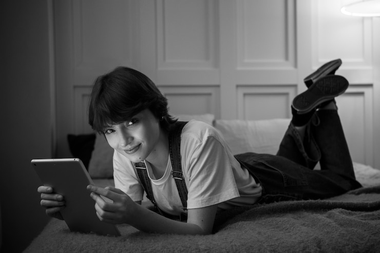 Foto grátis mulher sorridente na cama com tablet tiro completo