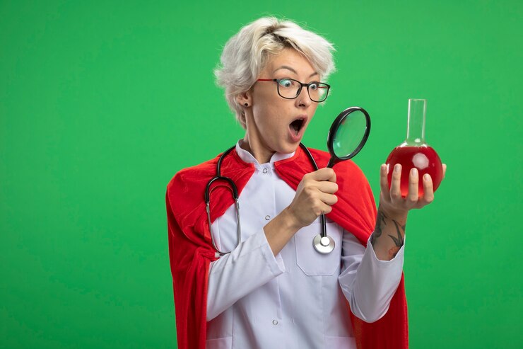 Foto grátis mulher surpresa super-heroína eslava em uniforme de médico com capa vermelha e estetoscópio em óculos ópticos olha para um líquido químico vermelho em frasco de vidro através de uma lupa na parede verde