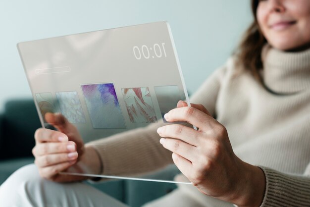 Mulher tocando música em uma tecnologia inovadora de tablet transparente