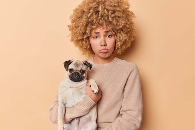 Mulher triste e frustrada com cabelo encaracolado detém pedigree cão pug se sente infeliz usa jumper casual jogar juntos em casa sente descontentamento bolsas lábios isolados sobre fundo bege. proprietário de animal chateado