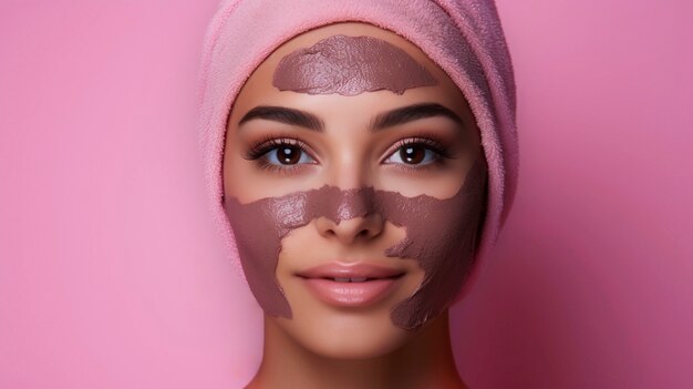 Mulher usando produto cosmético cor-de-rosa no rosto