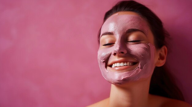 Mulher usando produto cosmético cor-de-rosa no rosto