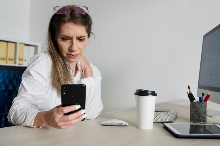 Foto grátis mulher verificando o smartphone no trabalho