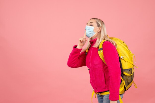 Mulher viajante com mochila amarela e máscara fazendo sinal de silêncio