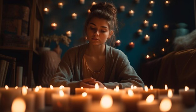 Mulheres adultas jovens meditando à luz de velas dentro de casa geradas por IA