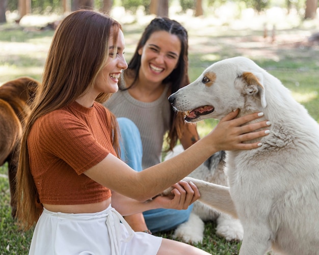 Mulheres brincando com cachorro