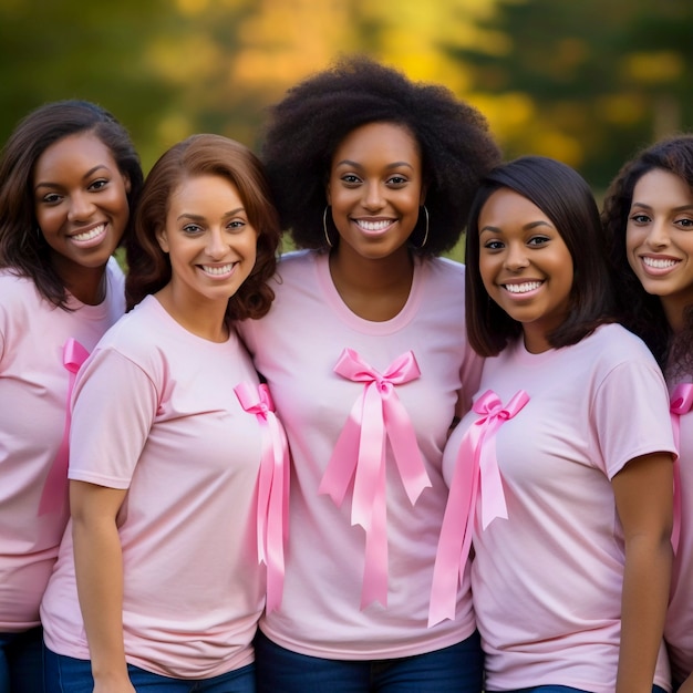 Mulheres de frente com fitas rosa