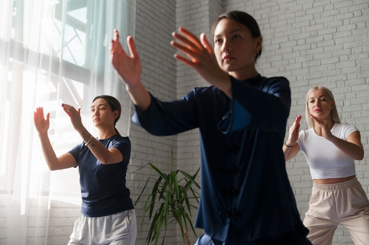 Foto grátis mulheres de tiro médio praticando tai chi