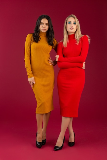 Mulheres elegantes em amarelo e vermelho outono inverno moda vestido de malha posando isolado na parede vermelha