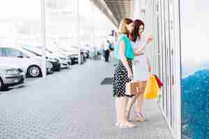 Foto grátis mulheres escolhendo compras na janela