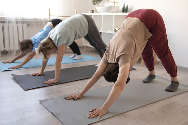 Mulheres idosas fazendo exercícios em casa juntos