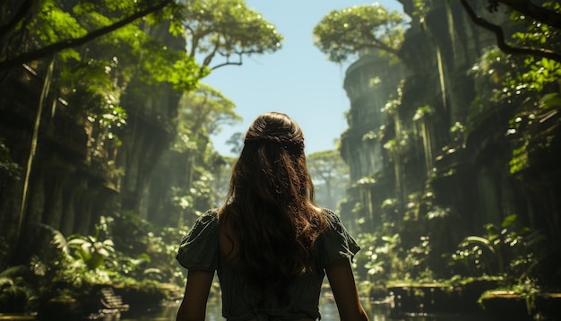 Foto grátis mulheres jovens apreciando a beleza da natureza em uma floresta tranquila gerada pela inteligência artificial