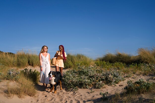 Mulheres jovens se divertindo com cachorro na praia