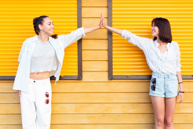 Foto grátis mulheres, olhando um ao outro, enquanto, alto, fiving